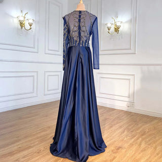 Ships in 1 to 3 Days - Navy Blue Glamour: 2024 Muslim A-Line Evening Dress in Satin with Beaded Sashes - Perfect for Women's Parties