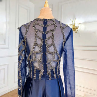 Navy Blue Glamour: 2024 Muslim A-Line Evening Dress in Satin with Beaded Sashes - Perfect for Women's Parties