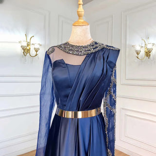 Navy Blue Glamour: 2024 Muslim A-Line Evening Dress in Satin with Beaded Sashes - Perfect for Women's Parties