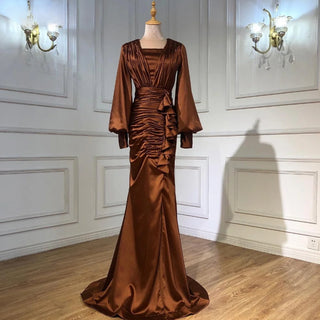 Mocha Glamour: Coffee Satin Mermaid Gown with Pleats and Lantern Sleeves – 2024 Women's Evening Collection