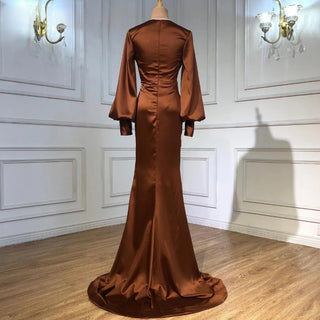 Mocha Glamour: Coffee Satin Mermaid Gown with Pleats and Lantern Sleeves – 2024 Women's Evening Collection