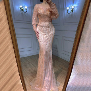 Gold Muslim Luxury Evening Dress 2024 with Puff Sleeves, Mermaid Silhouette - Ideal for Women's Parties