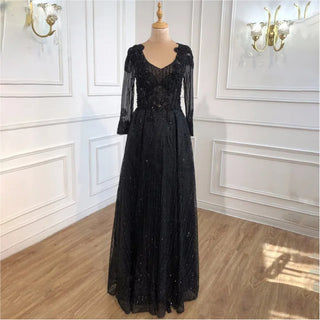 Brown A-Line Evening Dress 2024 - Beaded Long Sleeves V-Neck Luxury For Women's Formal Party Gown