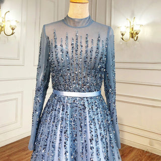 Blue A-Line Muslim Evening Dress 2024: Luxury Beaded Crystal, Ideal for Women's Party