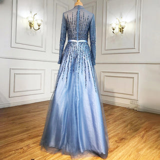 Blue A-Line Muslim Evening Dress 2024: Luxury Beaded Crystal, Ideal for Women's Party