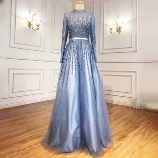 Blue A-Line Muslim Evening Dress 2024: Luxury Beaded Crystal, Ideal for Women's Party