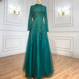 Blue A-Line Muslim Evening Dress 2024: Luxury Beaded Crystal, Ideal for Women's Party