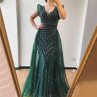 Dubai Decadence: Deep-V Crystal Gown with Heavy Beading – 2024 Sexy Luxury Plus Size Evening Wear