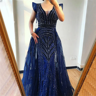 Dubai Decadence: Deep-V Crystal Gown with Heavy Beading – 2024 Sexy Luxury Plus Size Evening Wear