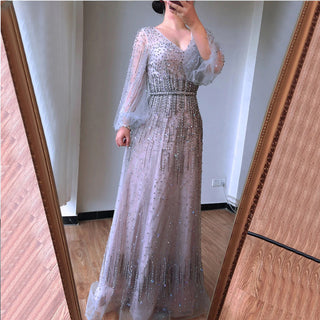 Dubai Glamour: 2024 Grey A-Line Evening Dress with Long Sleeves, Beading, and Sparkle Detail