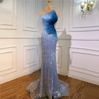 Elegance in Grey Blue: 2024 Mermaid Evening Gown with Strapless Design and Sexy Formal Appeal