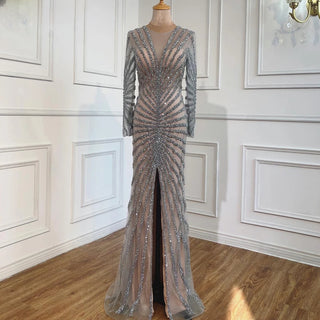 Luxury Grey Nude Split Mermaid Evening Dress: 2024 Elegant Beading, Sexy Gown for Women's Party