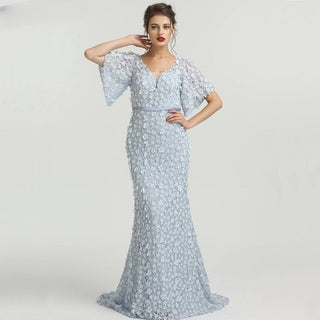 Elegant Glamour: 2024 Short Sleeves Mermaid Evening Dress with Flowers, Lace, Pearls, and Luxury Details