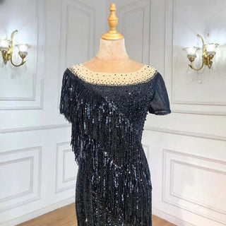 Elegant in Black: 2024 Mermaid Evening Gown with Beaded Tassels - Perfect for Women's Formal Events