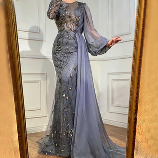 Elegant Gray: 2024 Mermaid Evening Gown with Overskirt and Luxury Beading