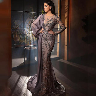 Elegant Gray: 2024 Mermaid Evening Gown with Overskirt and Luxury Beading