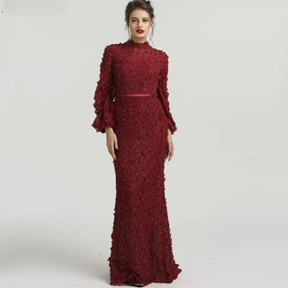 Floral Charm: 2024 Long Sleeves Mermaid Evening Dress with Pearls - Muslim Fashion