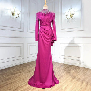 Muslim Fuchsia Mermaid Evening Dress: 2024 Beading Elegant Gown for Women's Wedding Party