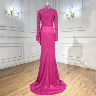 Muslim Fuchsia Mermaid Evening Dress: 2024 Beading Elegant Gown for Women's Wedding Party