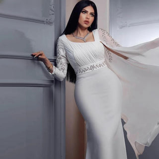 Elegant White Satin: 2024 Mermaid Evening Dress with Cape Sleeves