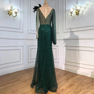 Emerald Elegance: 2024 Green Mermaid Gown with Beaded Feathers for Muslim Wedding Party