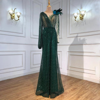 Emerald Elegance: 2024 Green Mermaid Gown with Beaded Feathers for Muslim Wedding Party