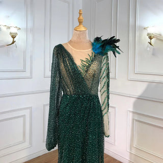 Emerald Elegance: 2024 Green Mermaid Gown with Beaded Feathers for Muslim Wedding Party