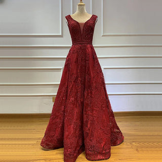 Wine Red Opulence: 2024 A-Line Evening Dress with Crystal Embellishments and Sleeveless Luxury