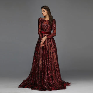 Muslim Wine Red A-Line Luxury Evening Dress 2024 with Vintage-Inspired Long Sleeves and Sequined Detailing