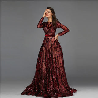 Muslim Wine Red A-Line Luxury Evening Dress 2024 with Vintage-Inspired Long Sleeves and Sequined Detailing