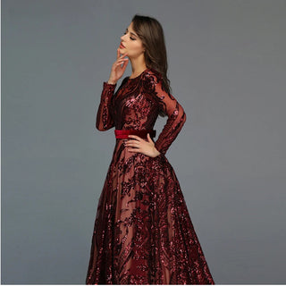 Muslim Wine Red A-Line Luxury Evening Dress 2024 with Vintage-Inspired Long Sleeves and Sequined Detailing