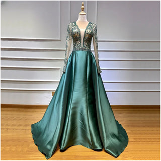 Green V-Neck Satin Long Evening Gown: 2024 Pearls Beading with Long Sleeves