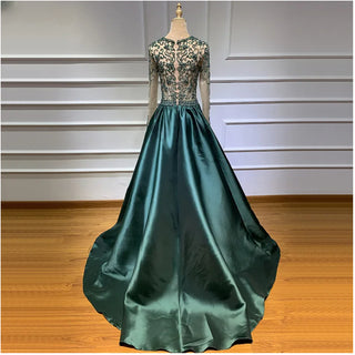 Green V-Neck Satin Long Evening Gown: 2024 Pearls Beading with Long Sleeves