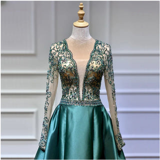 Ships in 1 to 3 Days - Green V-Neck Satin Long Evening Gown: 2024 Pearls Beading with Long Sleeves