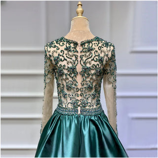 Ships in 1 to 3 Days - Green V-Neck Satin Long Evening Gown: 2024 Pearls Beading with Long Sleeves