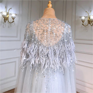 Grey A-Line Dubai Arabic Evening Dress 2024: Shawl Yarn, Luxury Feathers Cape, Beaded