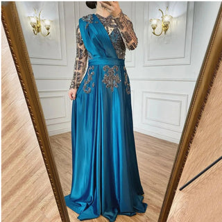 Dubai Blue A-Line Satin Beaded Elegant Long Arabic Evening Dress 2024 - For Women's Wedding Party