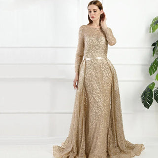 Ships in 1 to 3 Days - Muslim Gold Mermaid Long Luxury Glitter With Train Evening Dress: 2024 Party Wear for Women