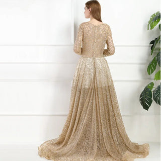 Ships in 1 to 3 Days - Muslim Gold Mermaid Long Luxury Glitter With Train Evening Dress: 2024 Party Wear for Women