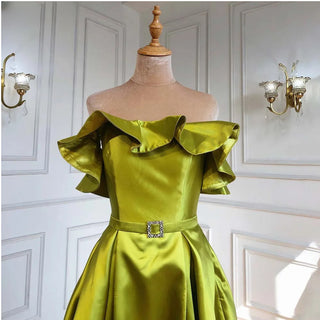 Ships in 1 to 3 Days - Olive Green A-Line Satin Off-Shoulder Long Evening Dress 2024 - Luxury Celebrity Gowns for Women's Party