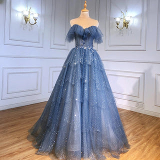 Arabic Blue A-Line Sweetheart Evening Dress - Beaded Tiered Bling Gown for Women's Wedding Party 2024