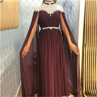 Black Diamond Cape Sleeves Chiffon Evening Dress - Dubai Design High Neck Evening Gown 2024