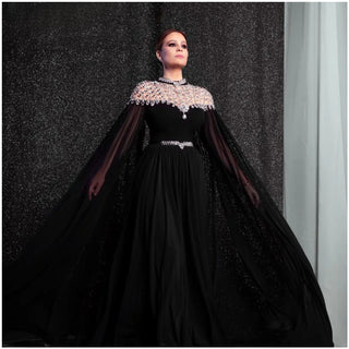 Black Diamond Cape Sleeves Chiffon Evening Dress - Dubai Design High Neck Evening Gown 2024