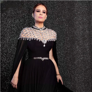 Black Diamond Cape Sleeves Chiffon Evening Dress - Dubai Design High Neck Evening Gown 2024