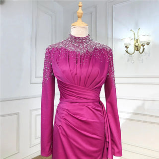 Muslim Fuchsia Mermaid Evening Dress: 2024 Beading Elegant Gown for Women's Wedding Party