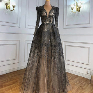 Muslim Grey Luxury A-Line Evening Dress: 2024 Beaded Gown for Women's Wedding Party