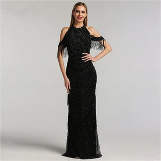 Luxury Halter Silver Mermaid Backless Evening Dress 2024 - Tassel Beading, Sleeveless Gown