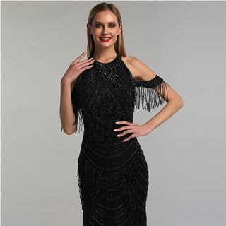 Luxury Halter Silver Mermaid Backless Evening Dress 2024 - Tassel Beading, Sleeveless Gown