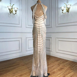 Luxury Halter Silver Mermaid Backless Evening Dress 2024 - Tassel Beading, Sleeveless Gown