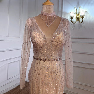 Dubai Mermaid Pink Sequin Evening Dress - 2024 V-Neck Long Sleeves Luxury Formal Gown